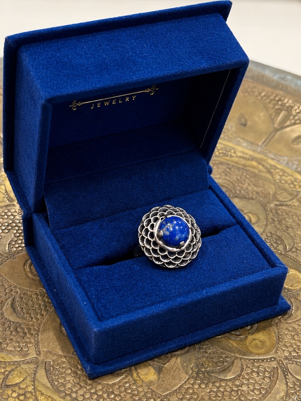Vintage Lapis Lazuli Silver Filigree Statement Ring Size 5.75